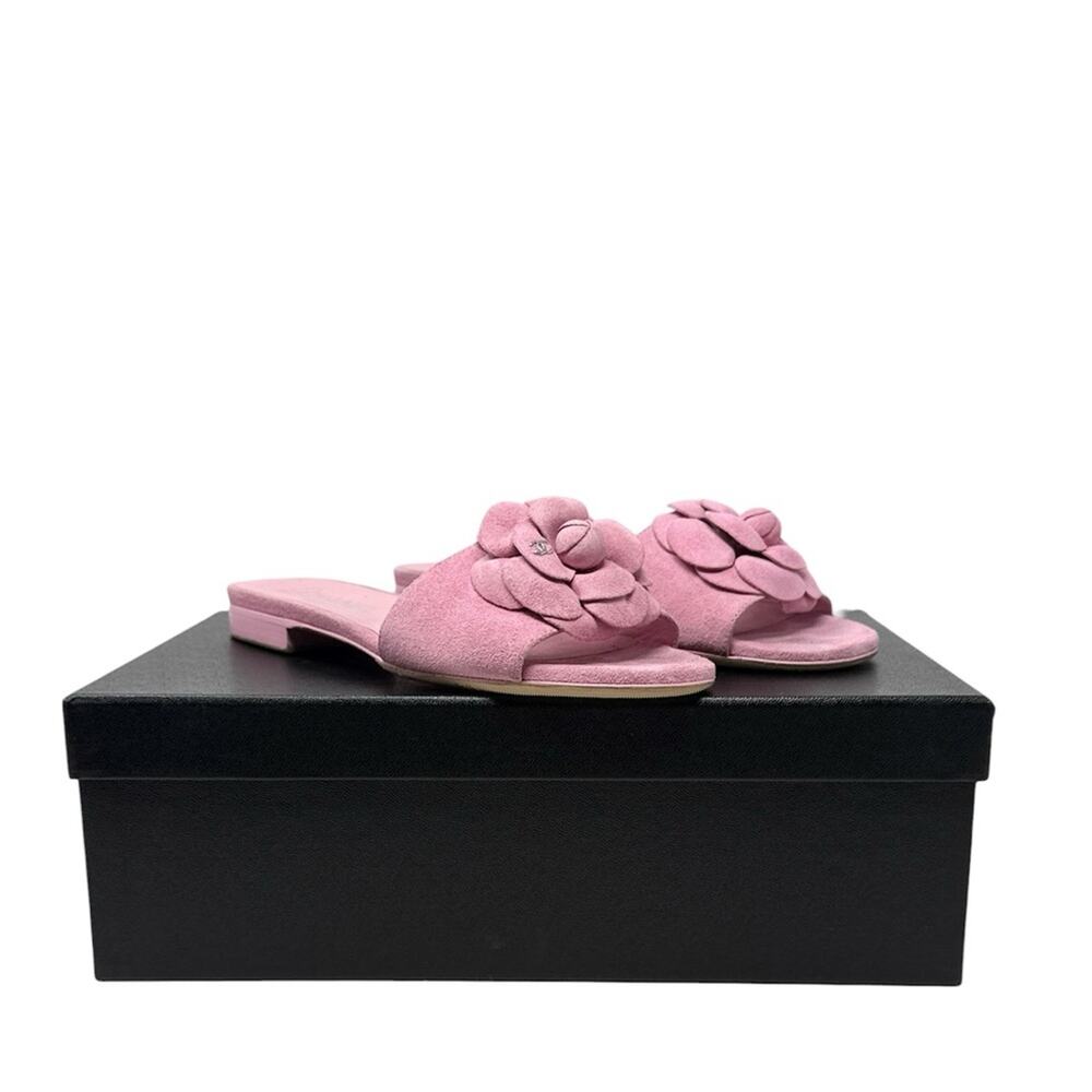 Chanel Camellia Suede Calfskin CC Flower Pink Slide Sandals Size 37
